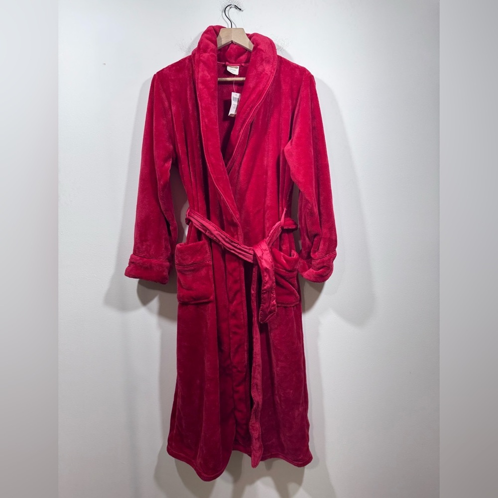 Soma Soft Solid Red Plush Belted Long Robe Womens Sz S Pockets NEW